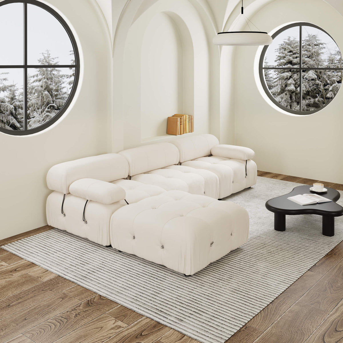 Halo Beige Velvet 3-Seater L-Shaped Sectional Sofa - ATUNUSHOME gallery 3