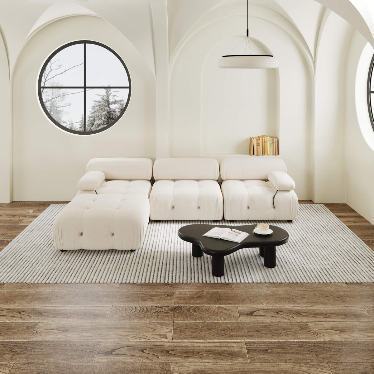 Halo Beige Velvet 3-Seater L-Shaped Sectional Sofa - ATUNUSHOME gallery 4