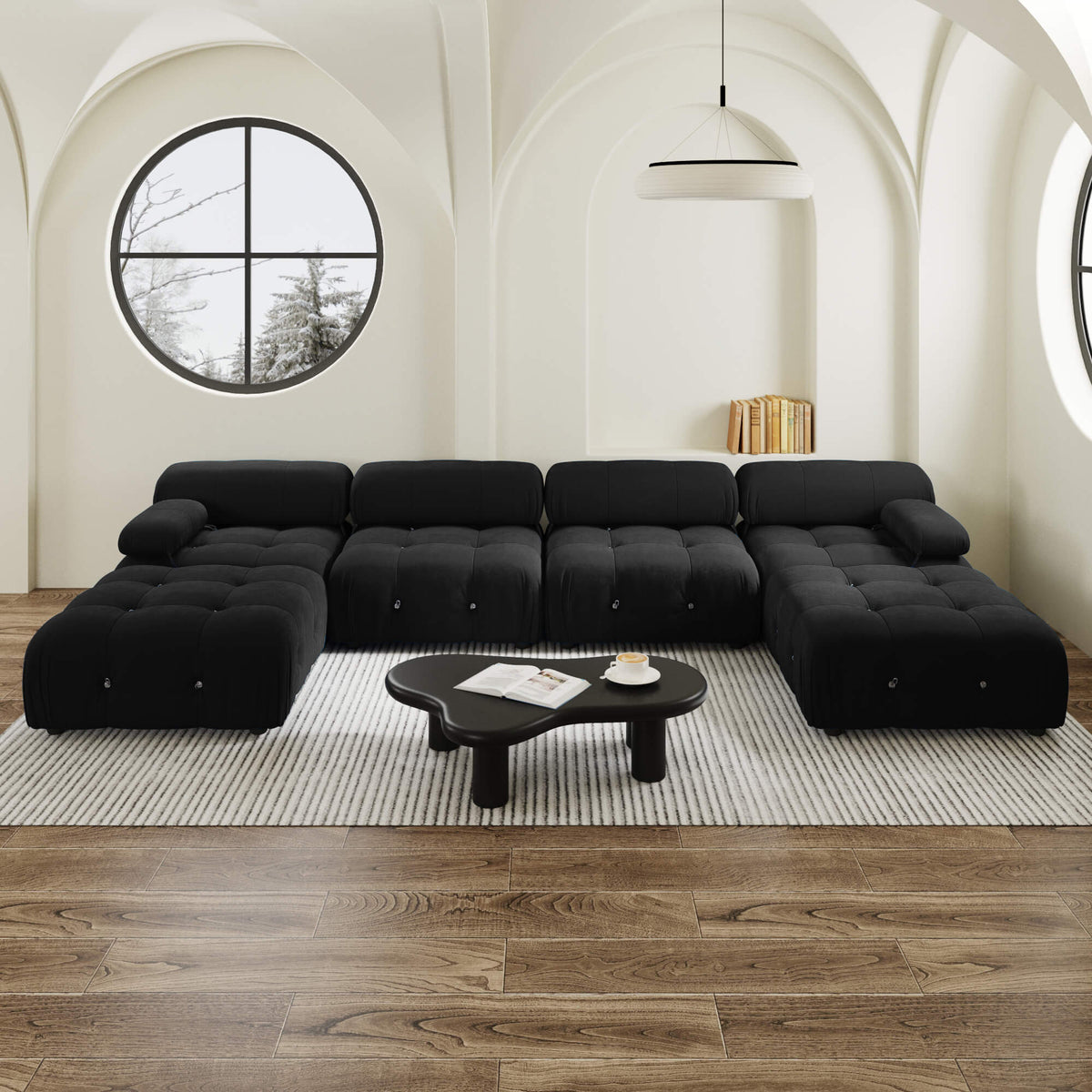 Halo Black Velvet 4-Seater U-Shaped Sectional Sofa - ATUNUSHOME gallery 3