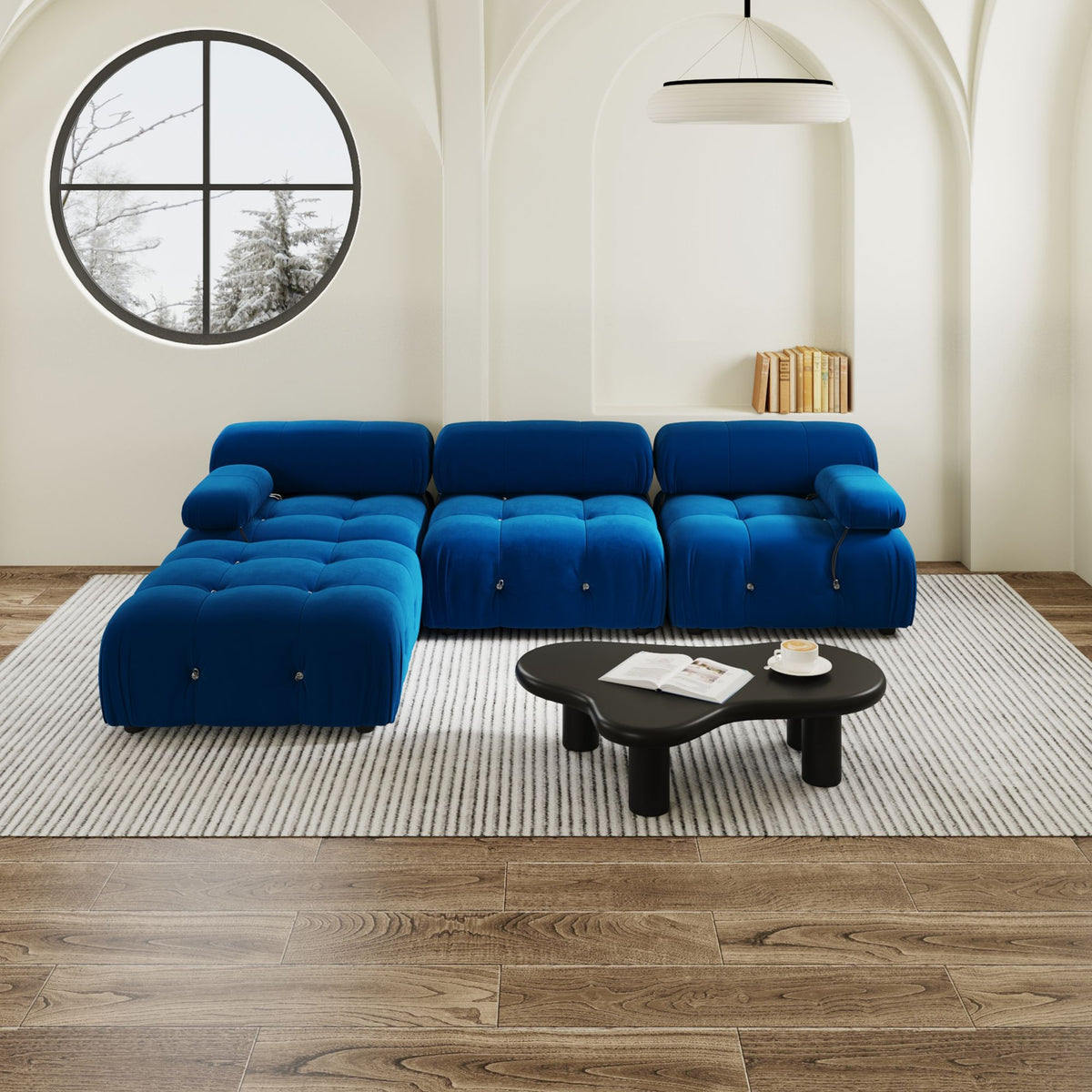 Halo Blue Velvet 3-Seater L-Shaped Sectional Sofa - ATUNUSHOME main image