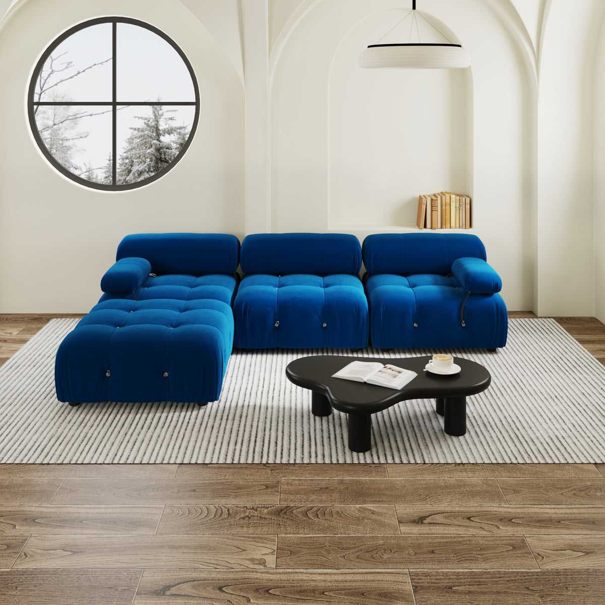 Halo Blue Velvet 3-Seater L-Shaped Sectional Sofa - ATUNUSHOME gallery 2
