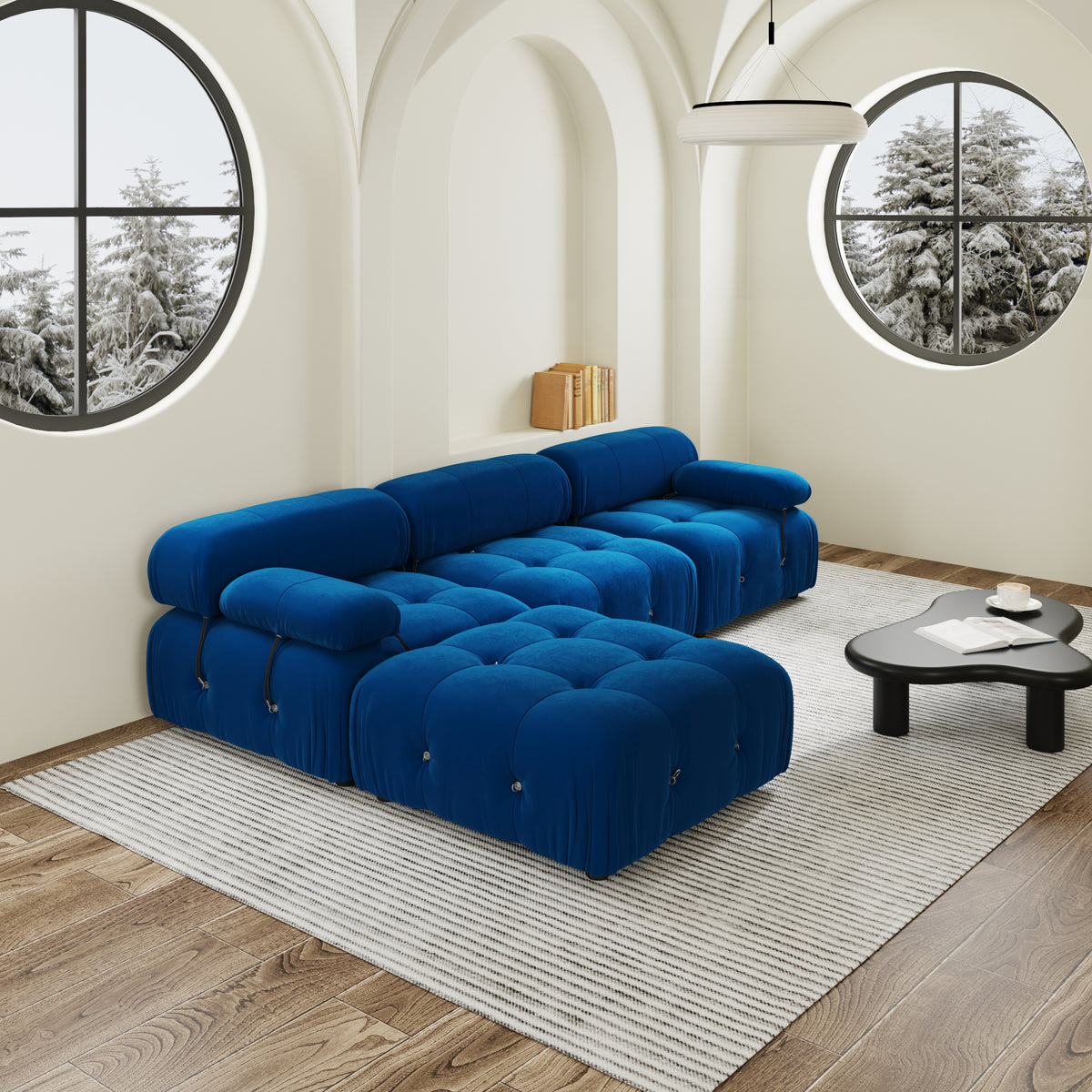 Halo Blue Velvet 3-Seater L-Shaped Sectional Sofa - ATUNUSHOME gallery 3