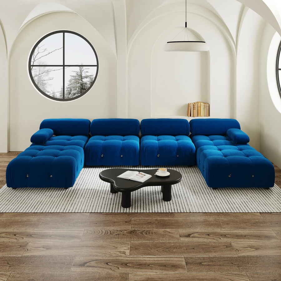 Halo Blue Velvet 4-Seater U-Shaped Sectional Sofa - ATUNUSHOME main image
