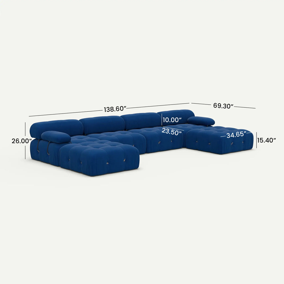 Halo Blue Velvet 4-Seater U-Shaped Sectional Sofa - dimensions