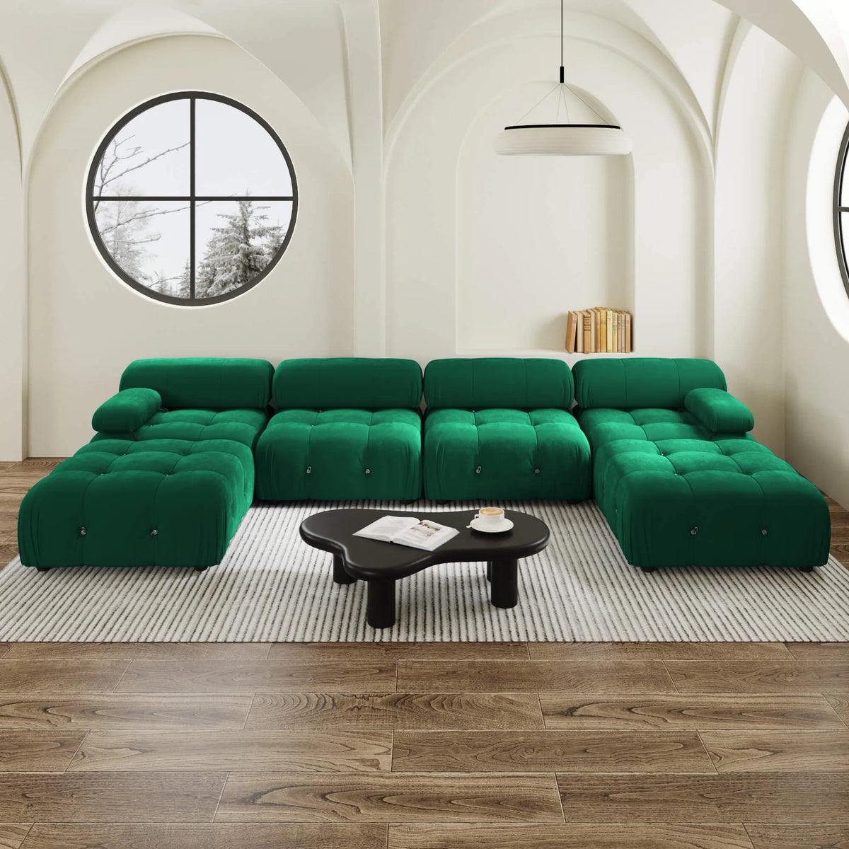 Halo Green Velvet 4-Seater U-Shaped Sectional Sofa - ATUNUSHOME main image