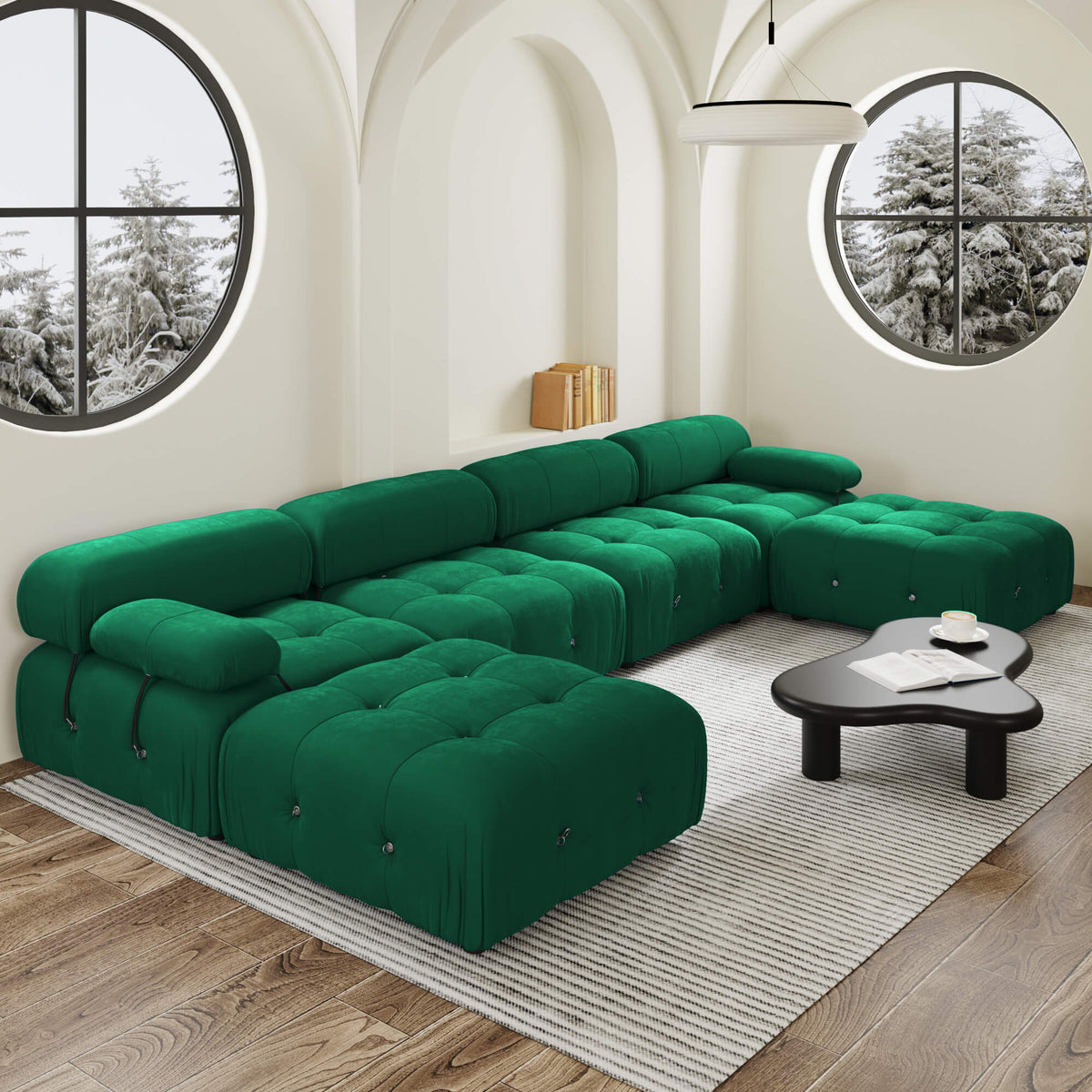 Halo Green Velvet 4-Seater U-Shaped Sectional Sofa - ATUNUSHOME gallery 3
