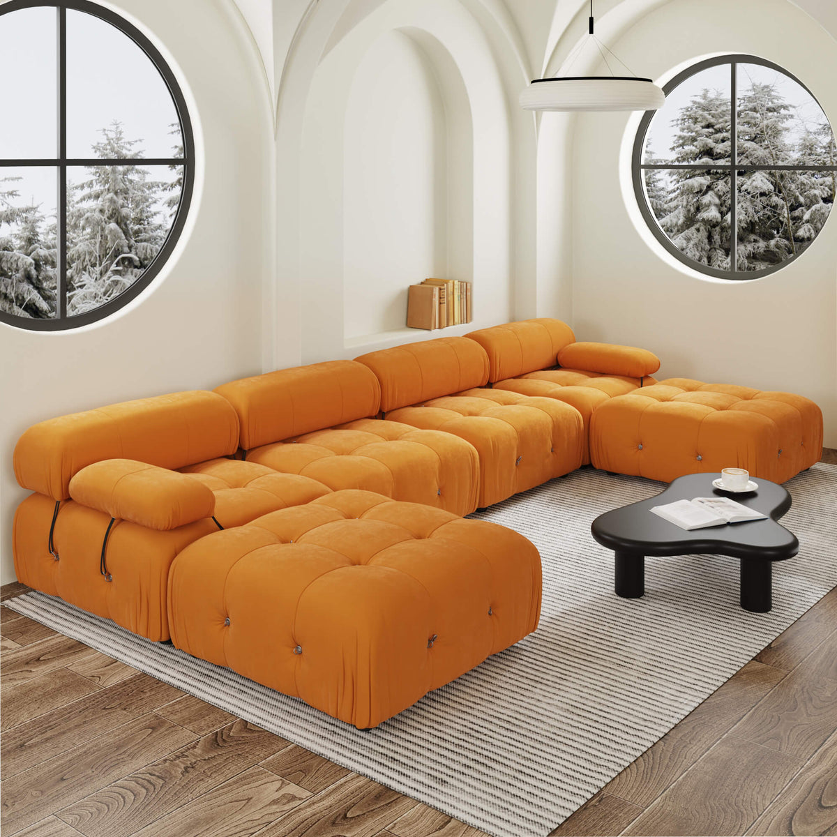 Halo Orange Velvet 4-Seater U-Shaped Sectional Sofa - ATUNUSHOME gallery 3