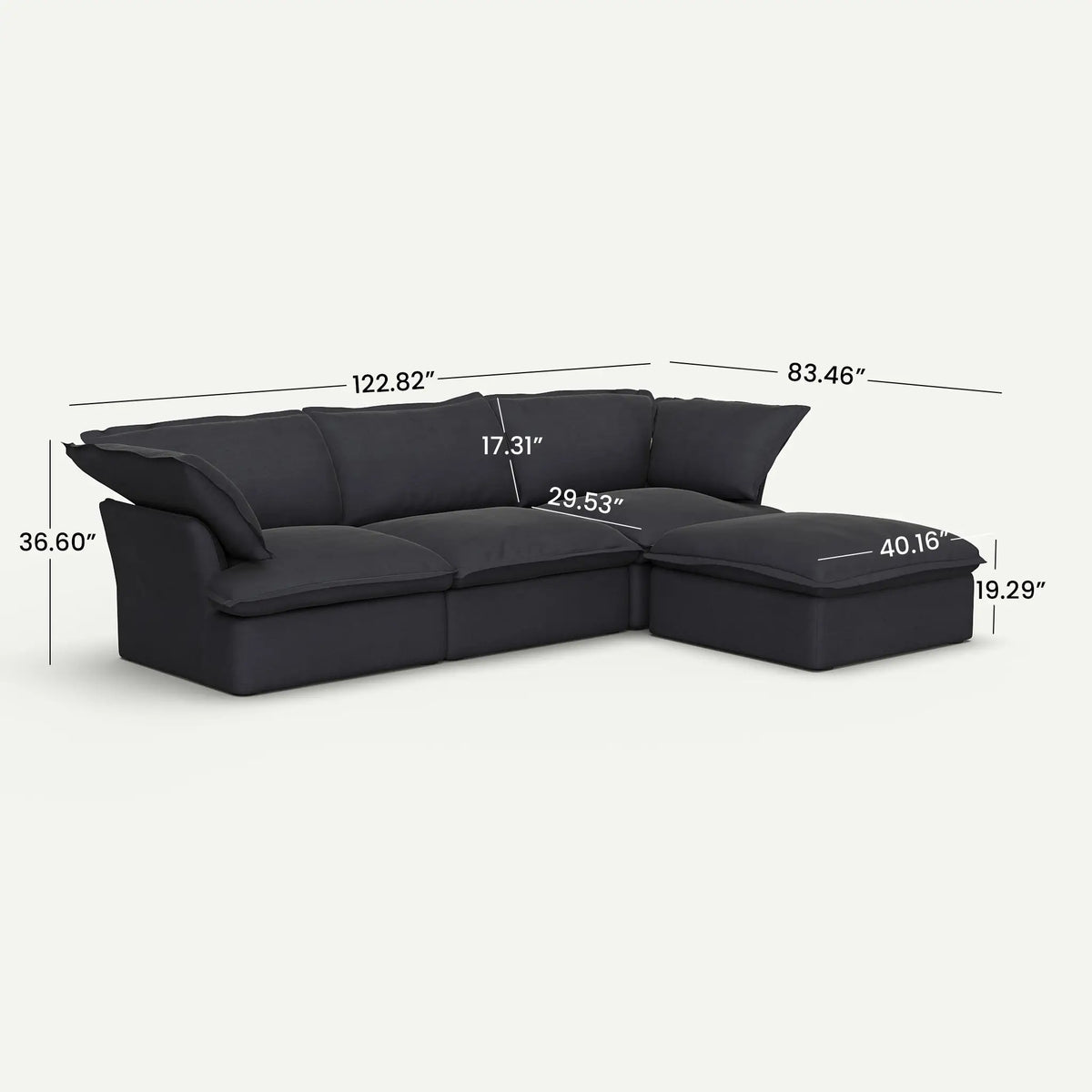 Lunna Cloud Modular L-Shaped Black 3-Seater Sofa with 1 Ottoman - dimensions