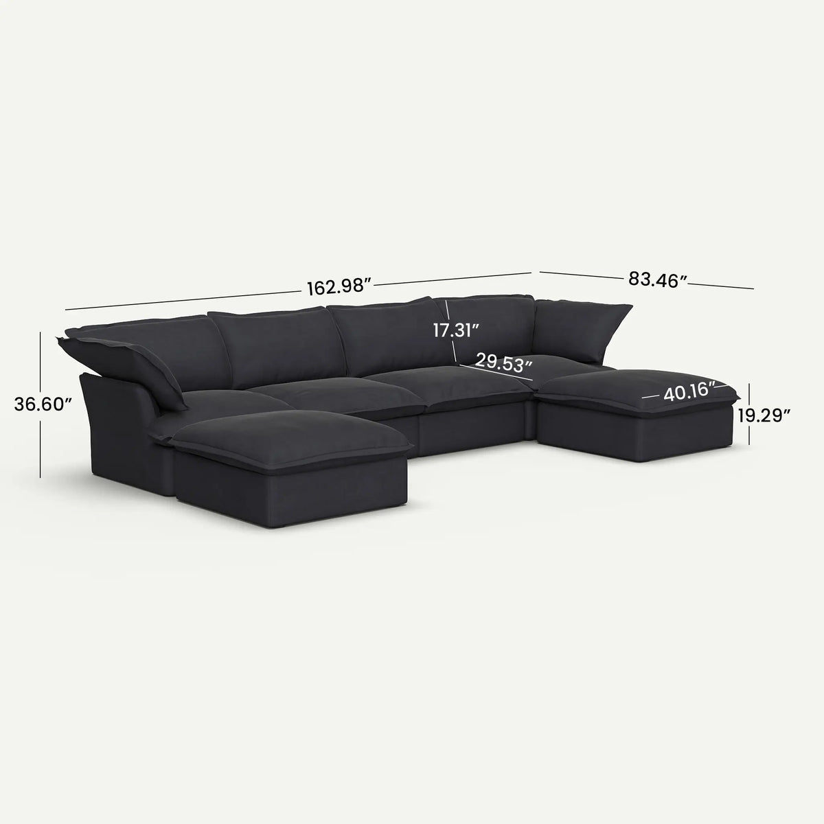 Lunna Cloud Modular U-Shaped Black 4-Seater Sofa with 2 Ottomans - dimensions