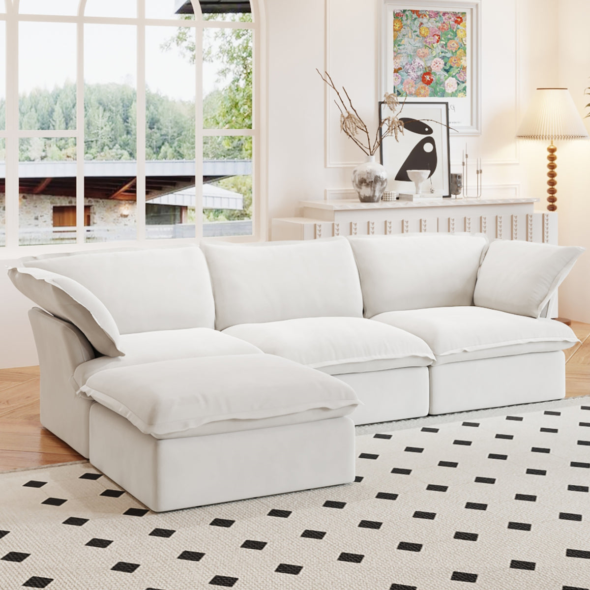 Lunna Cloud Modular L-Shaped White 3-Seater Sofa with 1 Ottoman - WordPress source side room view