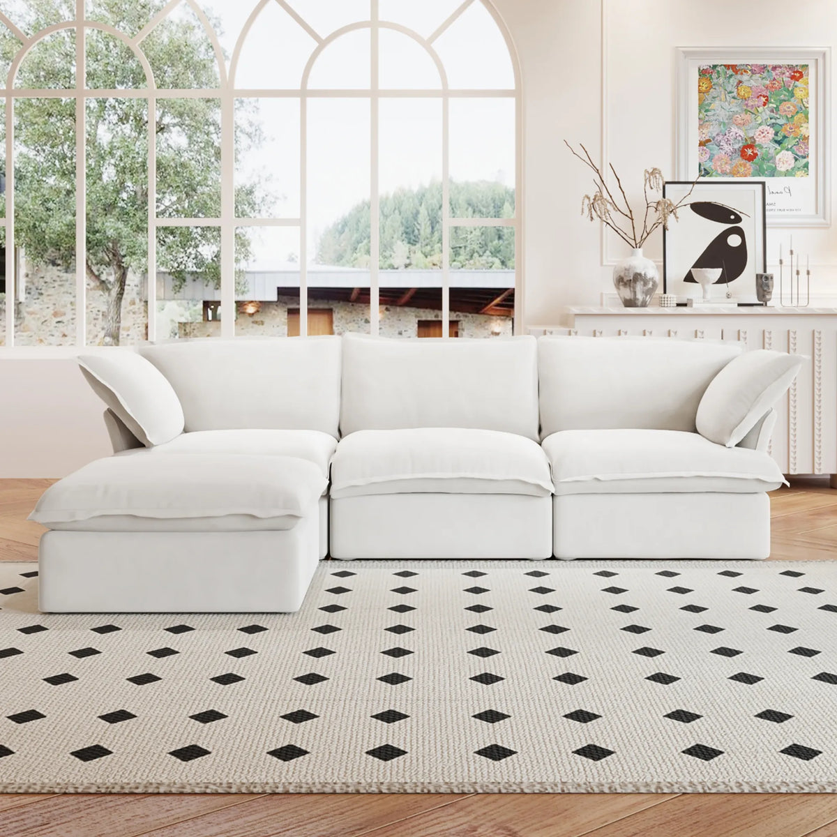 Lunna Cloud Modular L-Shaped White 3-Seater Sofa with 1 Ottoman - WordPress source white room view