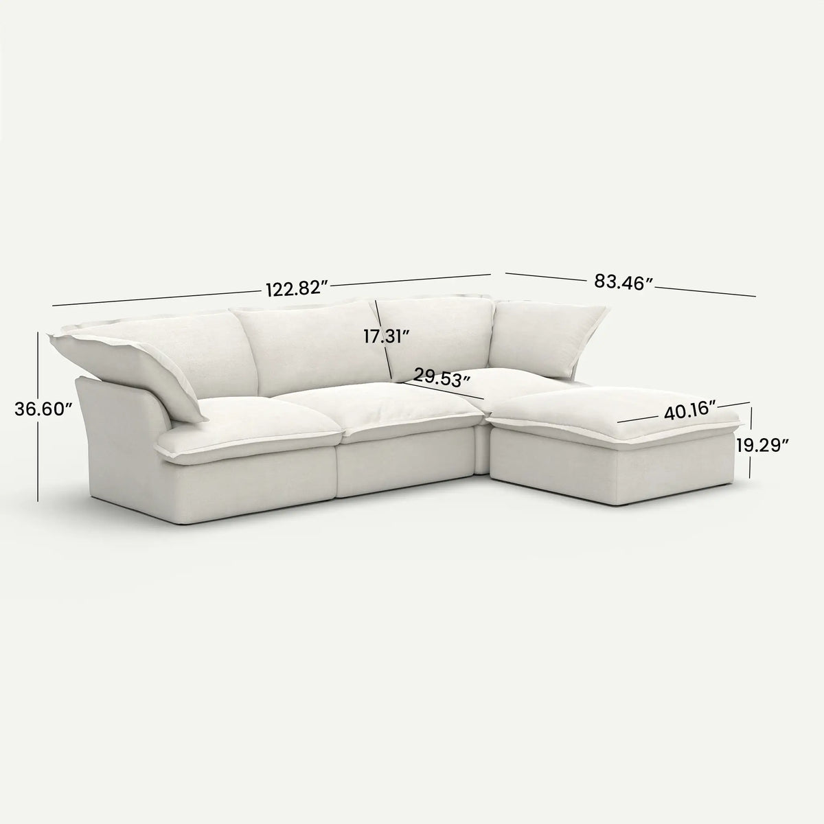 Lunna Cloud Modular L-Shaped White 3-Seater Sofa with 1 Ottoman - dimensions