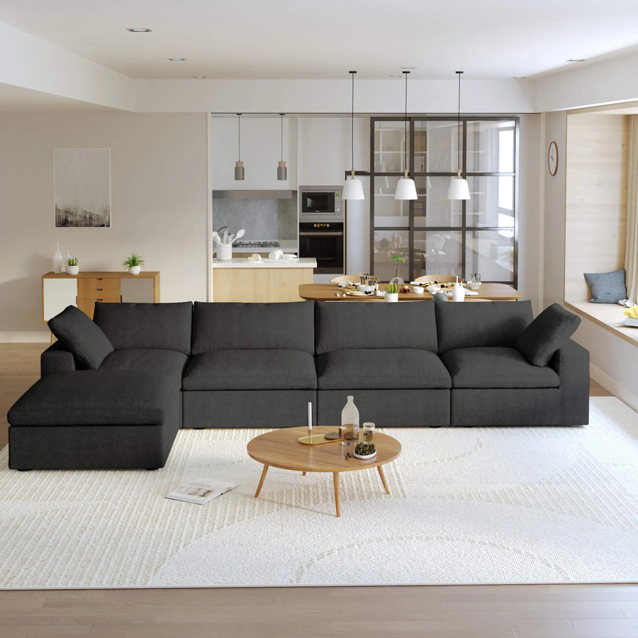 Sereno Cloud Black Cotton-Linen 4-Seater L-Shaped Sectional Sofa - ATUNUSHOME main image