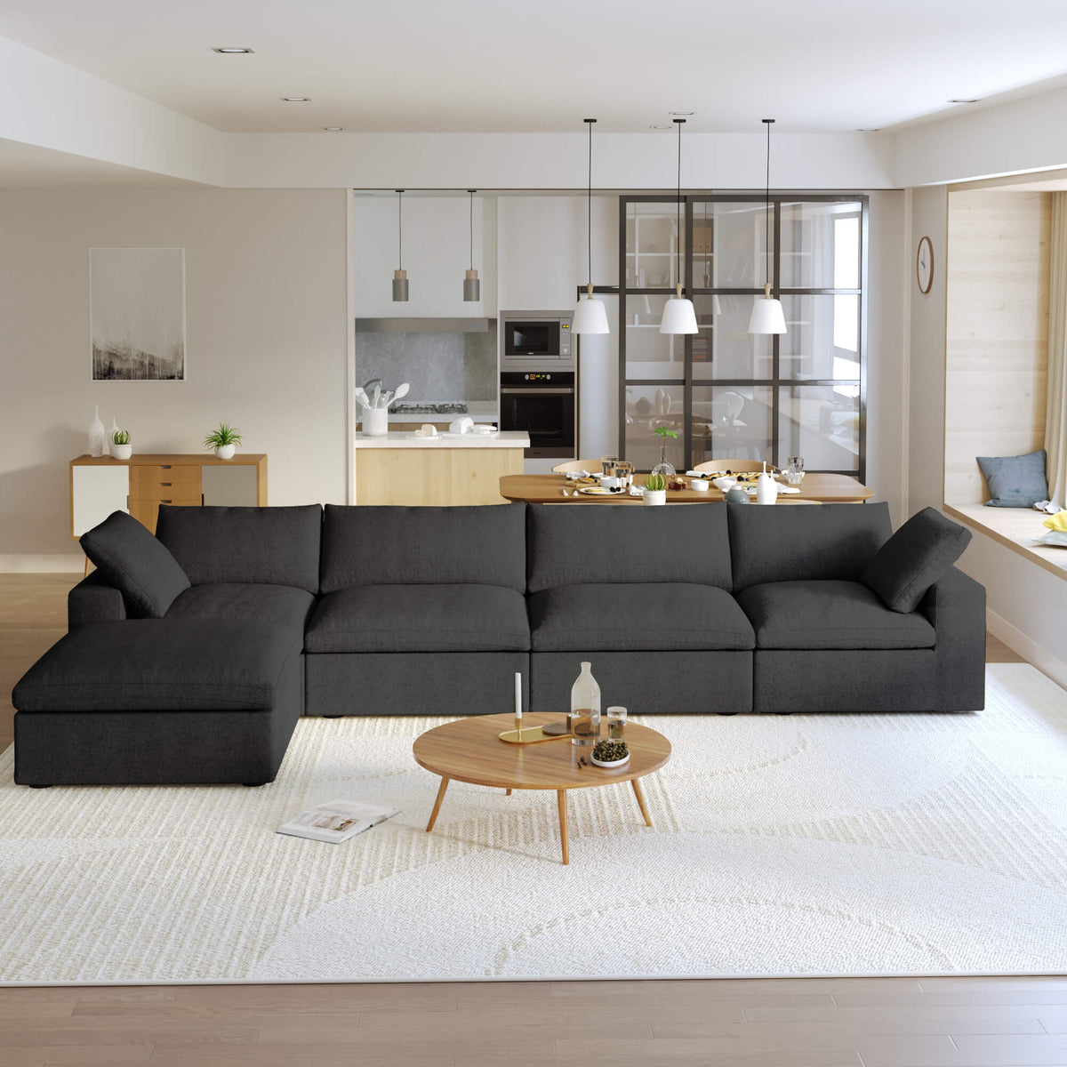 Sereno Cloud Black Cotton-Linen 4-Seater L-Shaped Sectional Sofa - ATUNUSHOME gallery 2