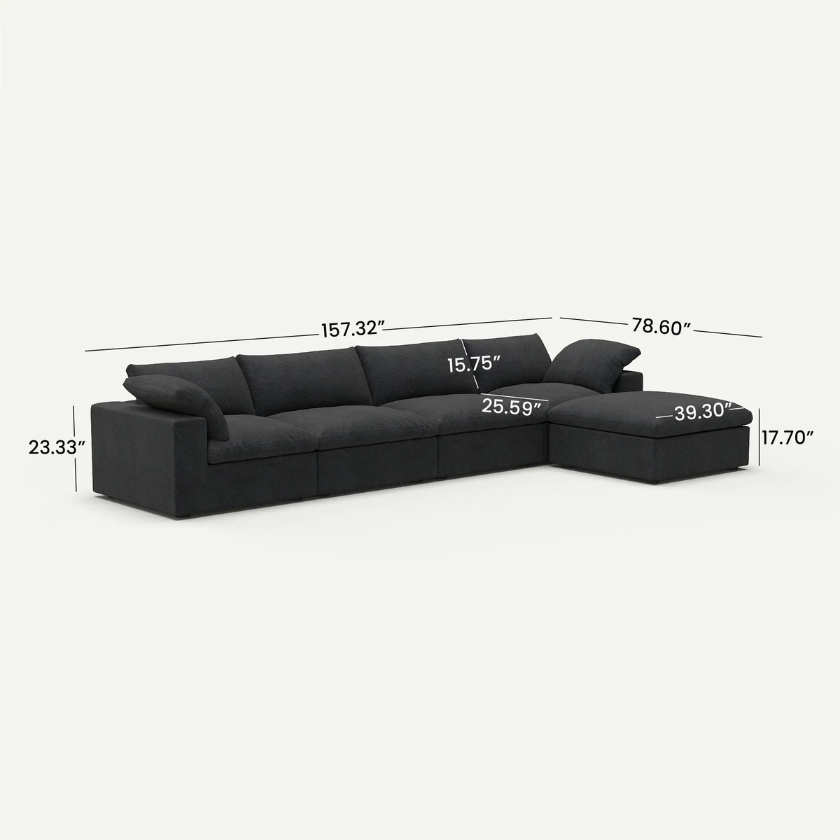 Sereno Cloud Black Cotton-Linen 4-Seater L-Shaped Sectional Sofa - dimensions