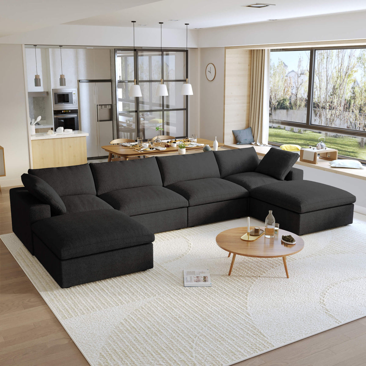 Sereno Cloud Black Cotton-Linen 4-Seater U-Shaped Sectional Sofa - ATUNUSHOME gallery 2