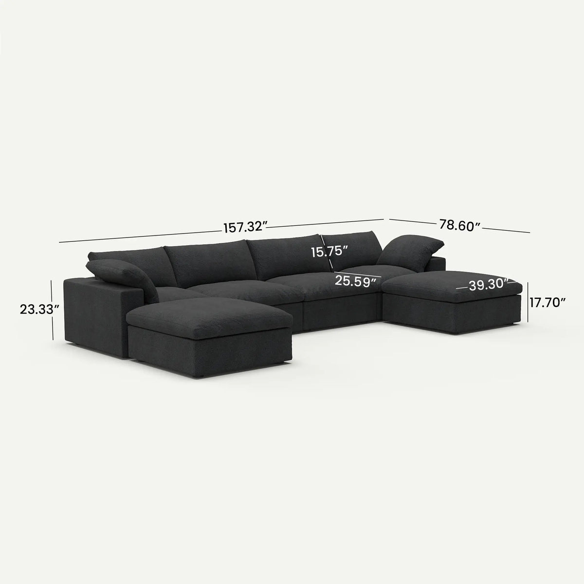 Sereno Cloud Black Cotton-Linen 4-Seater U-Shaped Sectional Sofa - dimensions