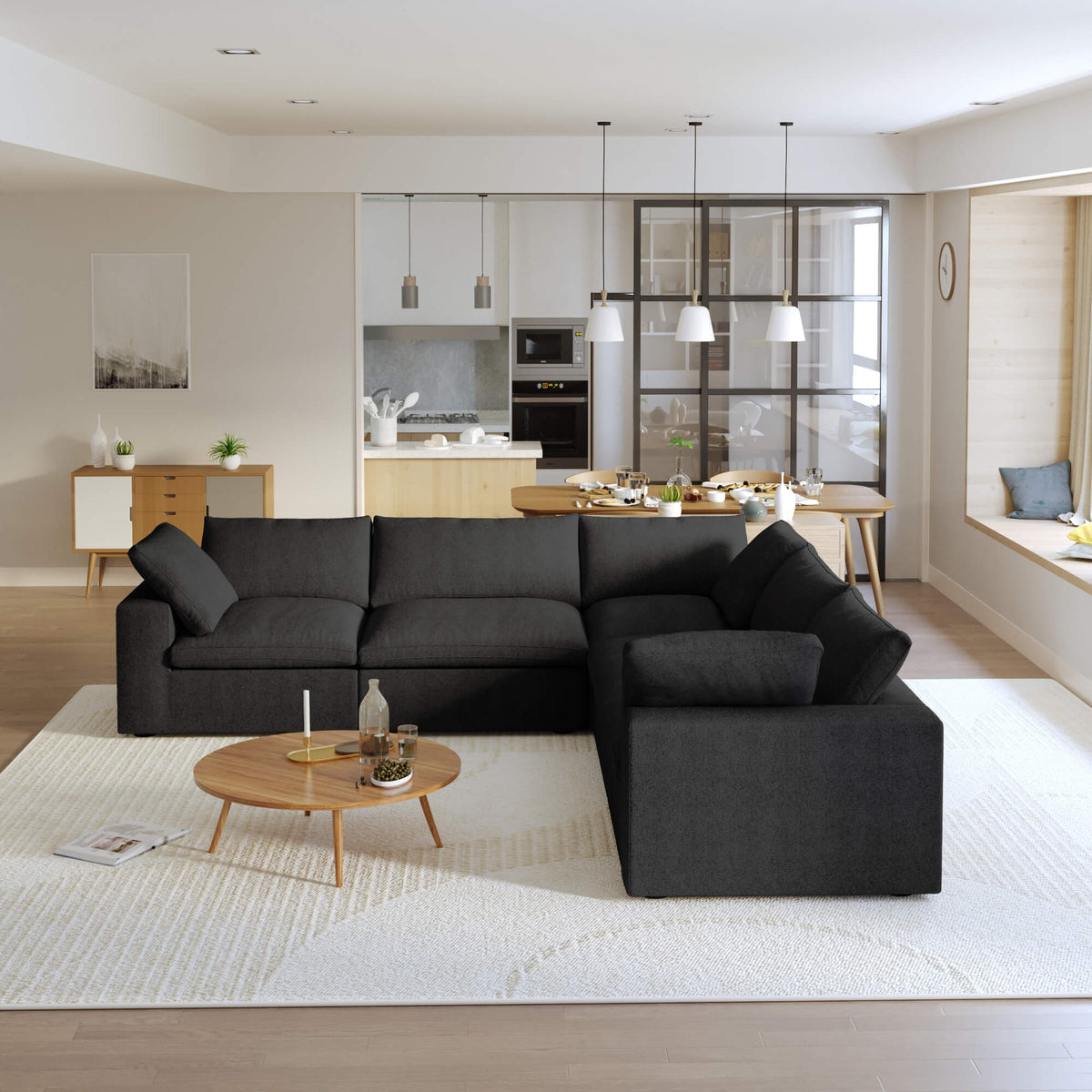 Sereno Cloud Black Cotton-Linen 5-Seater V-Shaped Modular Sectional - ATUNUSHOME main image