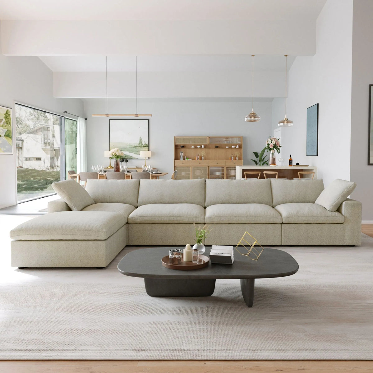 Sereno Cloud Khaki Cotton-Linen 4-Seater L-Shaped Sectional Sofa - ATUNUSHOME main image