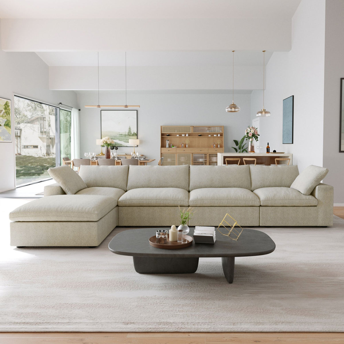 Sereno Cloud Khaki Cotton-Linen 4-Seater L-Shaped Sectional Sofa - ATUNUSHOME gallery 2