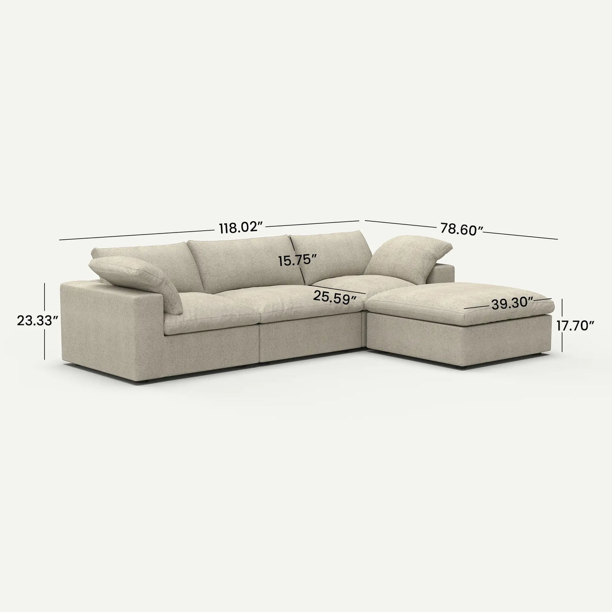 Sereno Cloud Khaki Cotton-Linen 3-Seater L-Shaped Sectional Sofa - dimensions