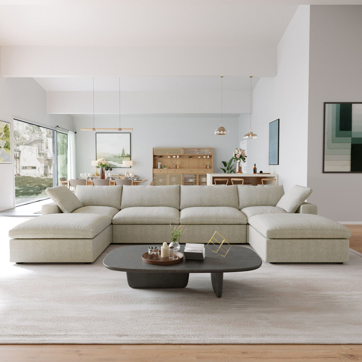 Sereno Cloud Khaki Cotton-Linen 4-Seater U-Shaped Sectional Sofa - ATUNUSHOME main image