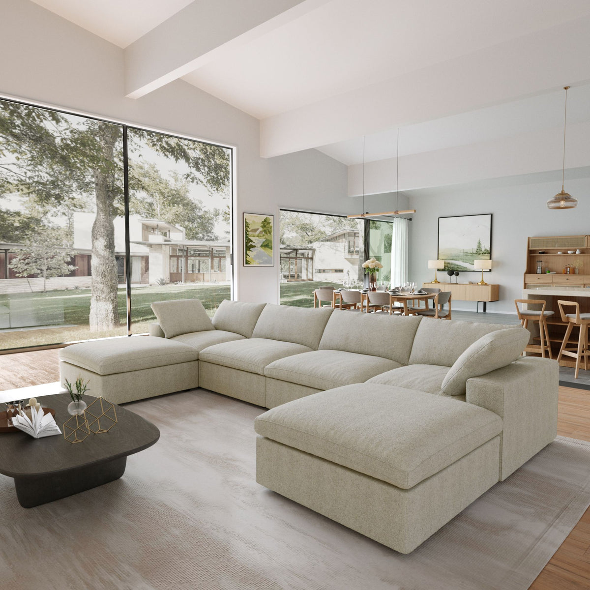 Sereno Cloud Khaki Cotton-Linen 4-Seater U-Shaped Sectional Sofa - ATUNUSHOME gallery 2