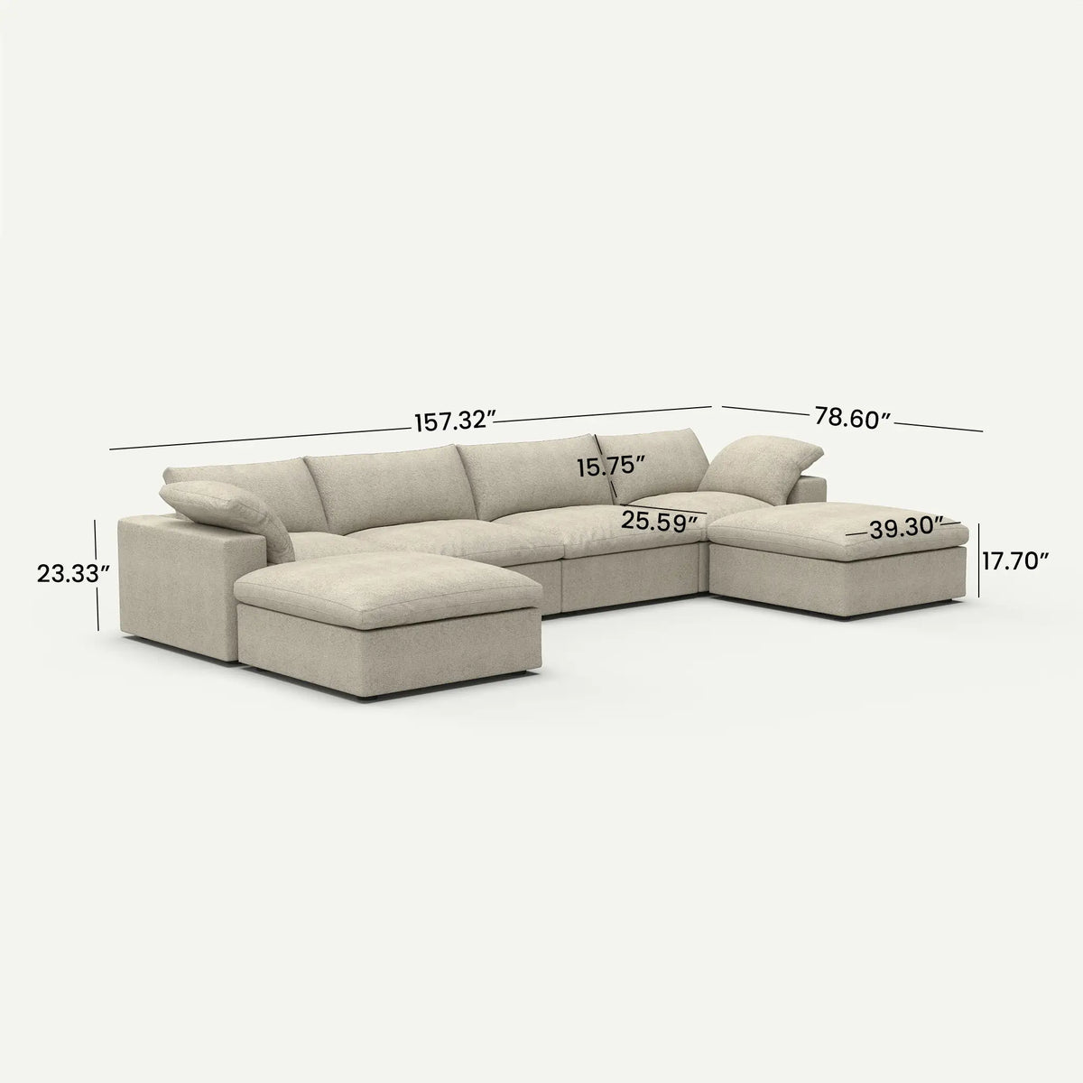 Sereno Cloud Khaki Cotton-Linen 4-Seater U-Shaped Sectional Sofa - dimensions