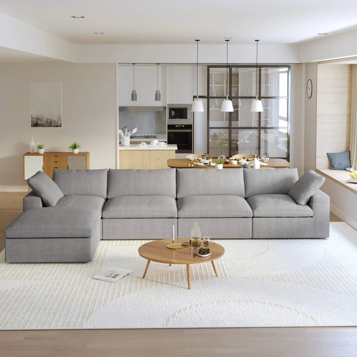 Sereno Cloud Light Grey Cotton-Linen 4-Seater L-Shaped Sectional Sofa - ATUNUSHOME main image