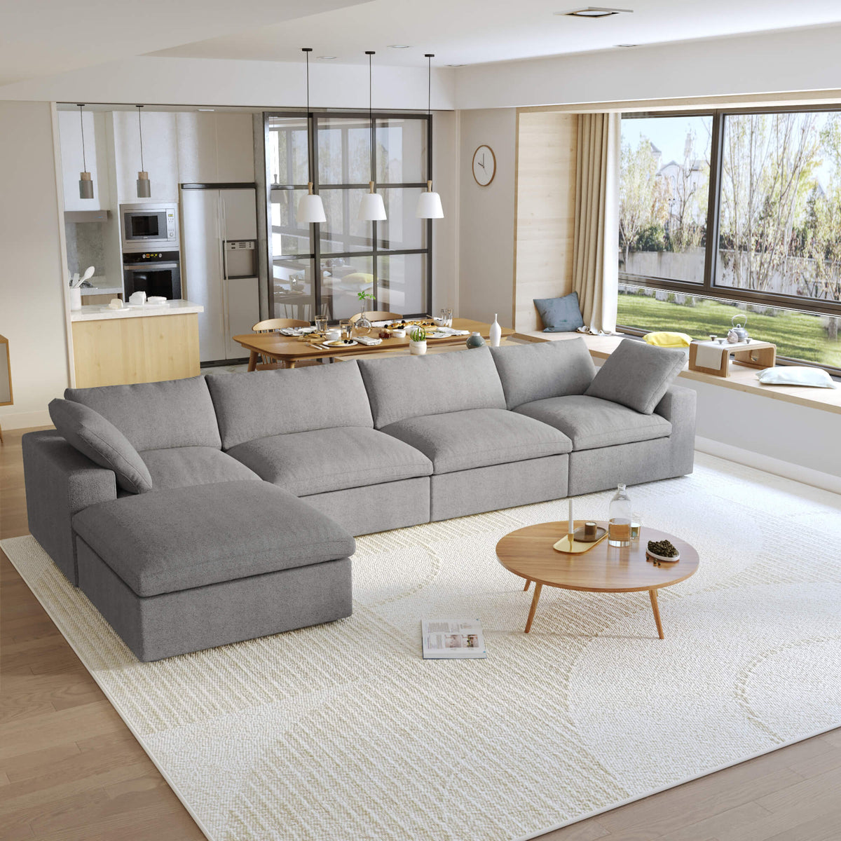 Sereno Cloud Light Grey Cotton-Linen 4-Seater L-Shaped Sectional Sofa - ATUNUSHOME gallery 3