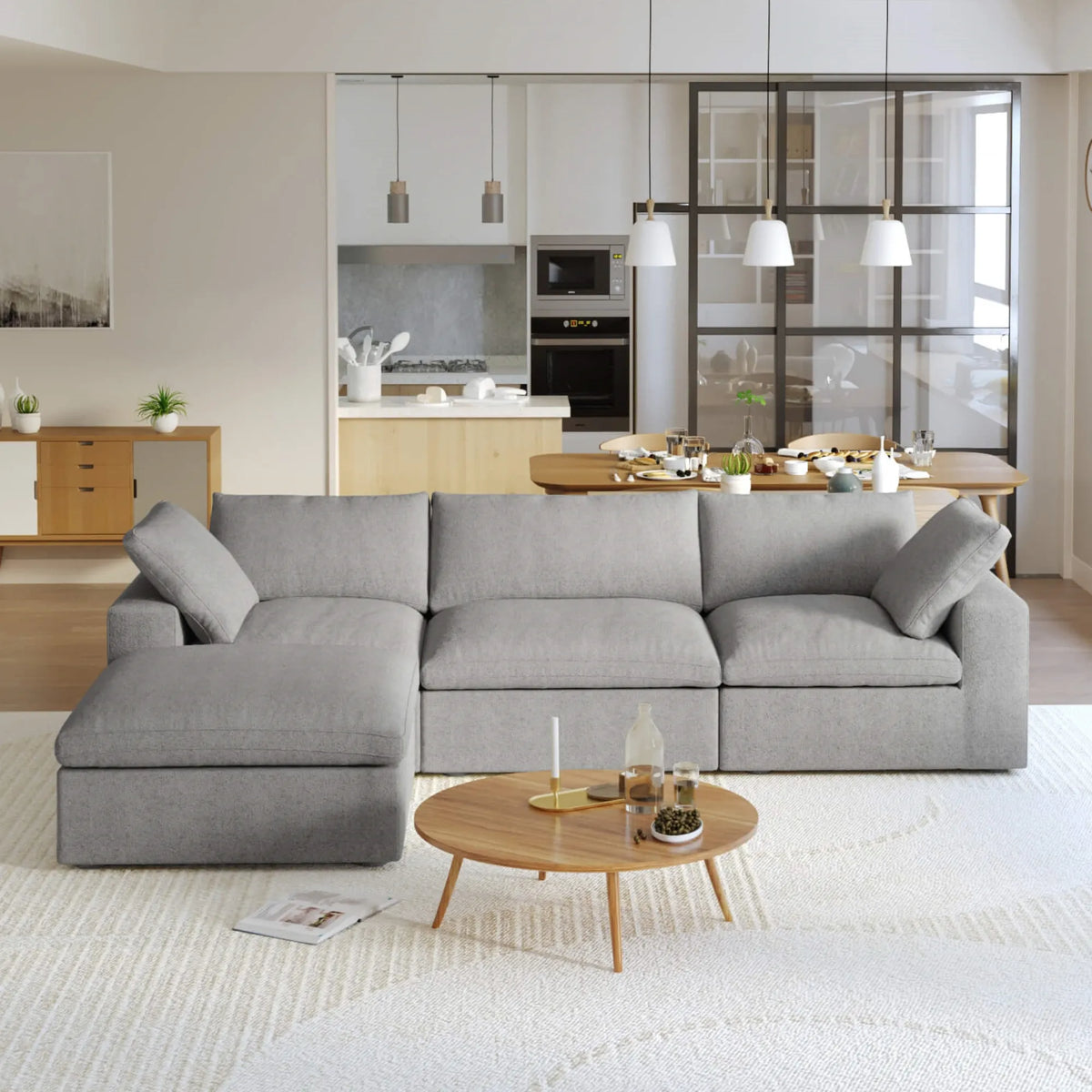 Sereno Cloud Light Grey Cotton-Linen 3-Seater L-Shaped Sectional Sofa - ATUNUSHOME main image