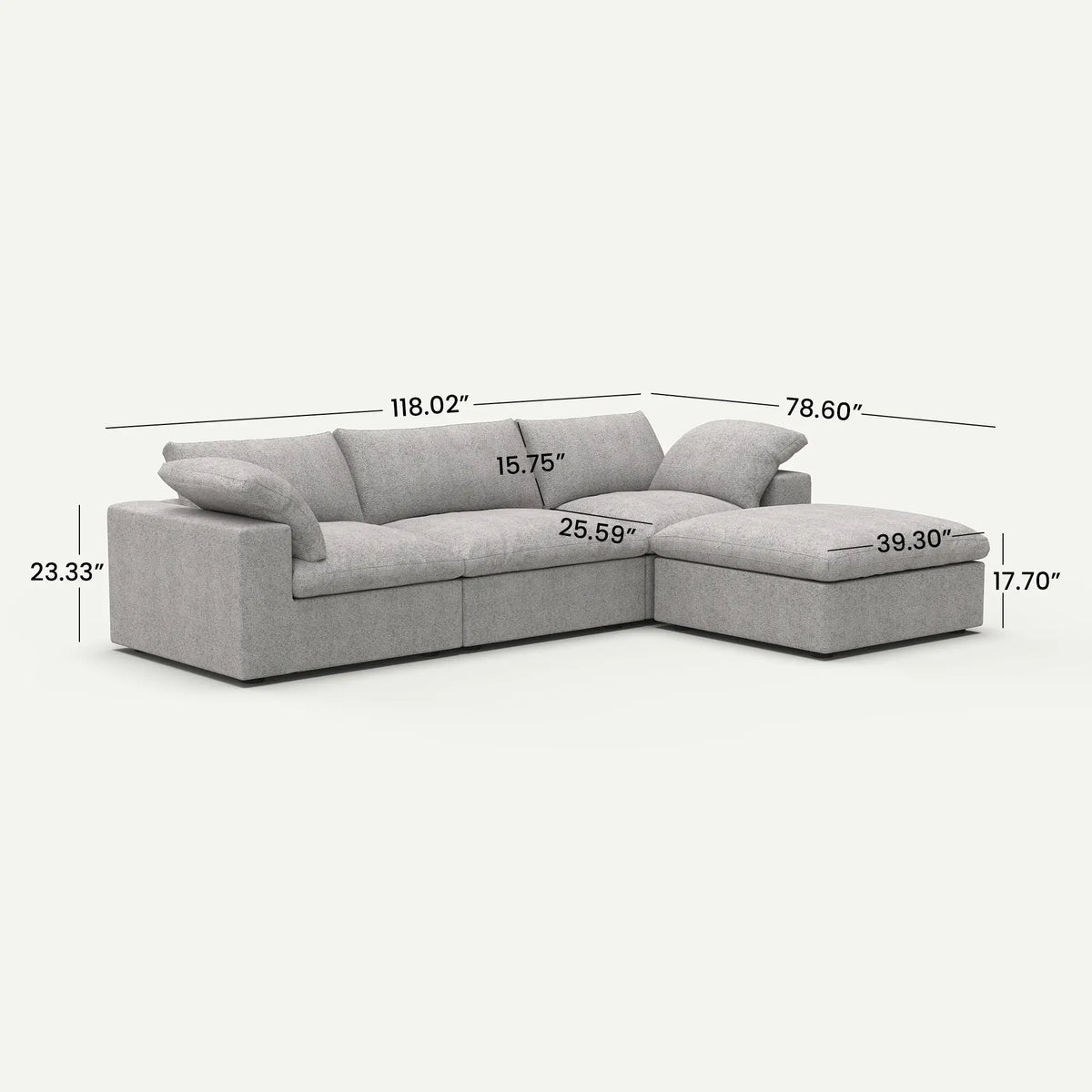 Sereno Cloud Light Grey Cotton-Linen 3-Seater L-Shaped Sectional Sofa - dimensions