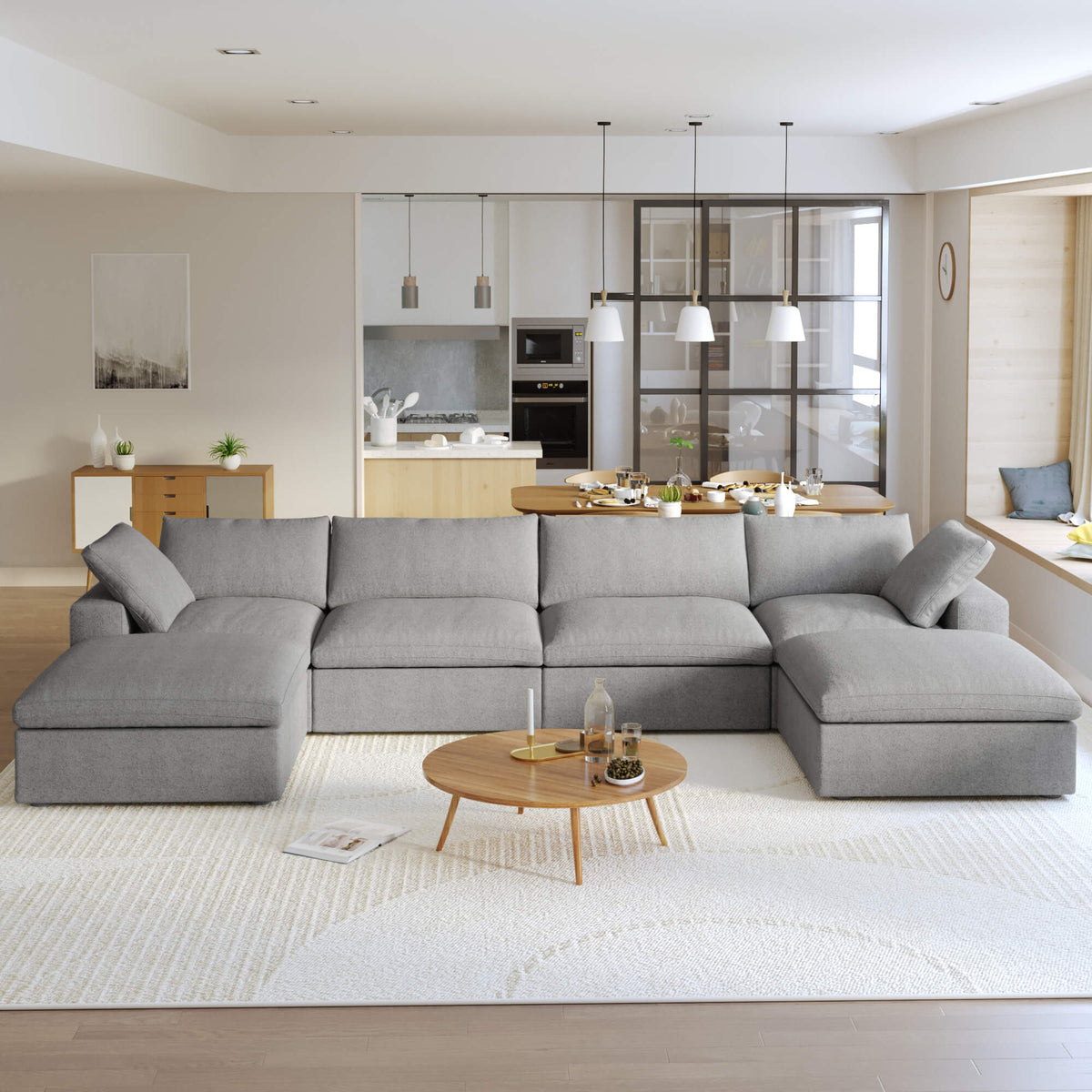 Sereno Cloud Light Grey Cotton-Linen 4-Seater U-Shaped Sectional Sofa - ATUNUSHOME main image
