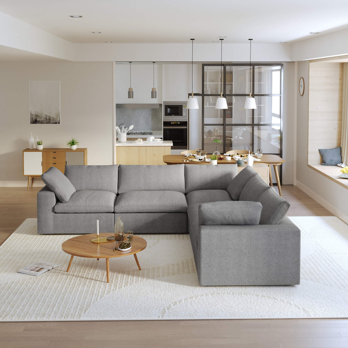Sereno Cloud Light Grey Cotton-Linen 5-Seater V-Shaped Modular Sectional - ATUNUSHOME main image