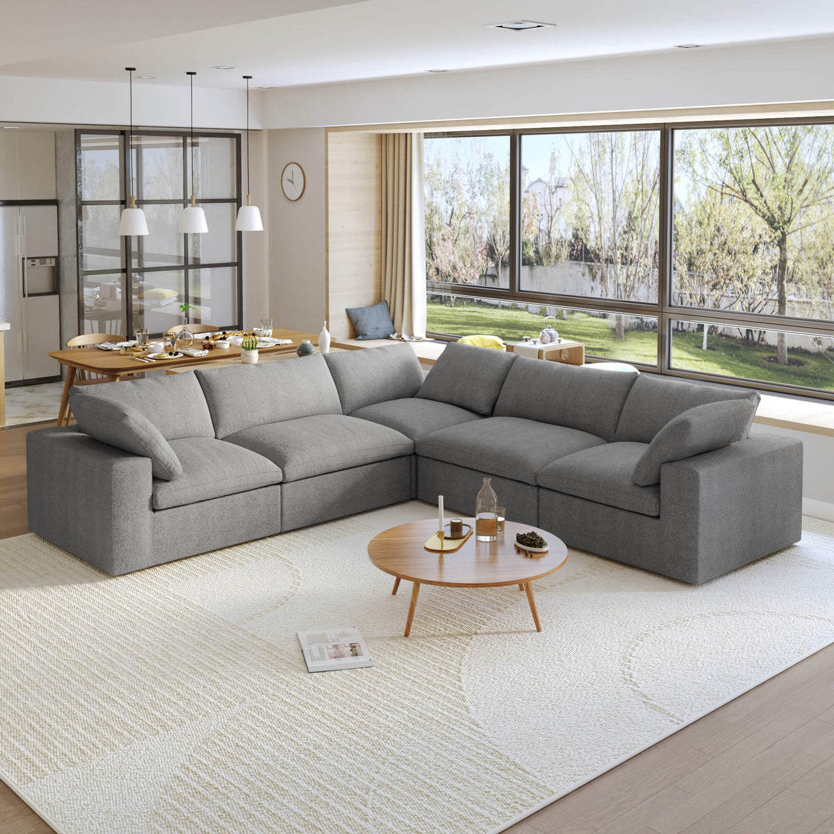 Sereno Cloud Light Grey Cotton-Linen 5-Seater V-Shaped Modular Sectional - ATUNUSHOME gallery 2