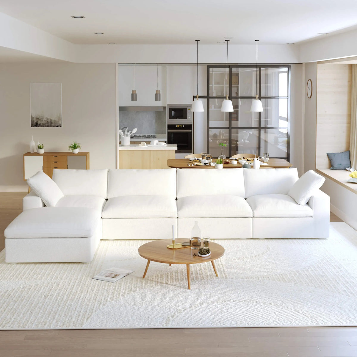 Sereno Cloud White Cotton-Linen 4-Seater L-Shaped Sectional Sofa - ATUNUSHOME main image