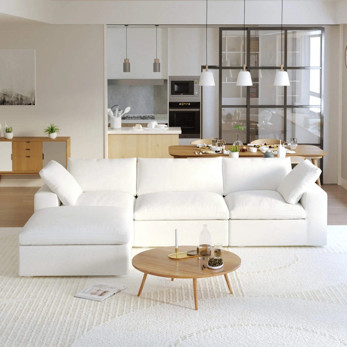 Sereno Cloud White Cotton-Linen 3-Seater L-Shaped Sectional Sofa - ATUNUSHOME main image