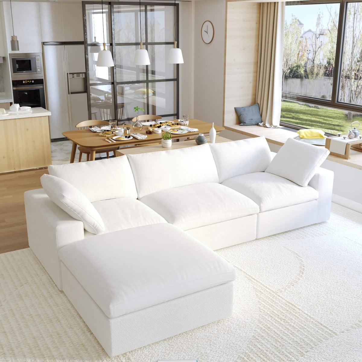 Sereno Cloud White Cotton-Linen 3-Seater L-Shaped Sectional Sofa - ATUNUSHOME gallery 3