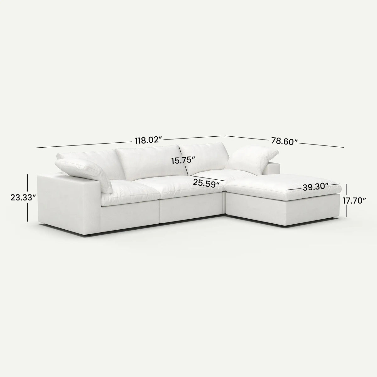 Sereno Cloud White Cotton-Linen 3-Seater L-Shaped Sectional Sofa - dimensions