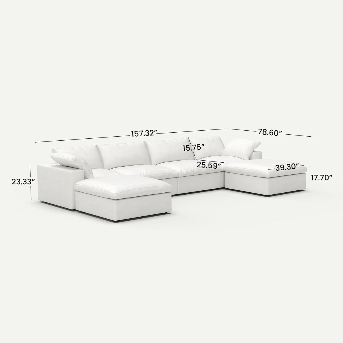 Sereno Cloud White Cotton-Linen 4-Seater U-Shaped Sectional Sofa - dimensions