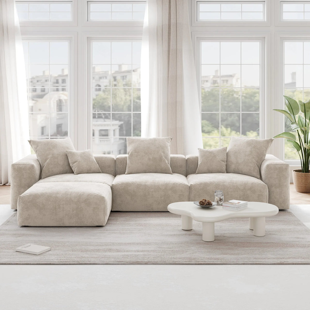 Orris Beige Corduroy 3-Seater L-Shaped Sectional Sofa - ATUNUSHOME main image