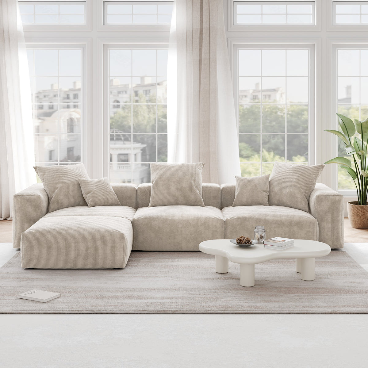 Orris Beige Corduroy 3-Seater L-Shaped Sectional Sofa - ATUNUSHOME gallery 2