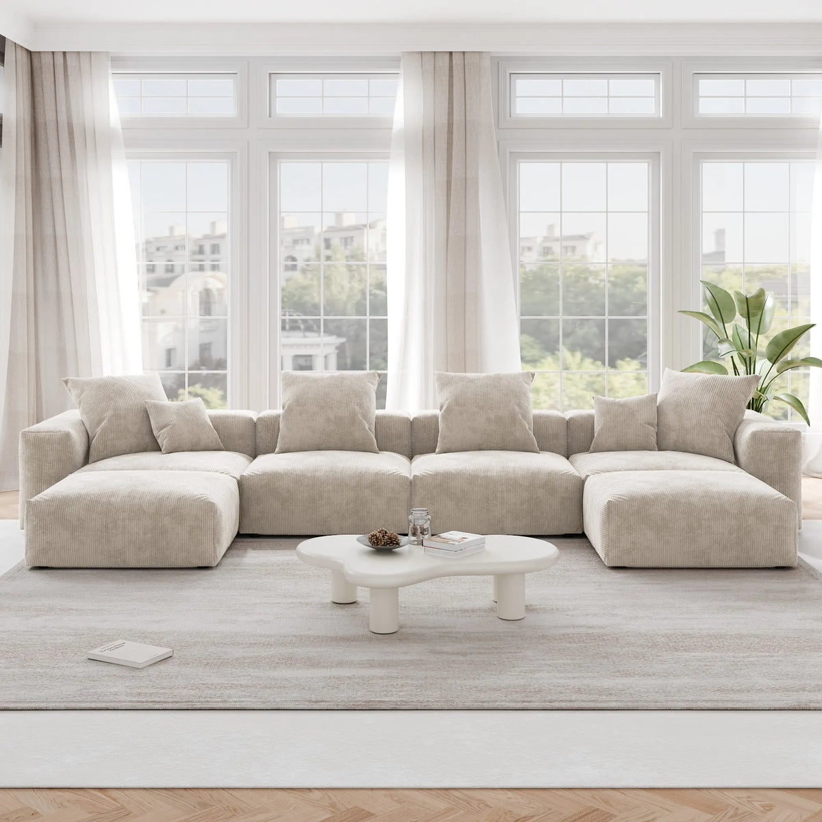 Orris Beige Corduroy 4-Seater Modular U-Shaped Sofa - ATUNUSHOME main image