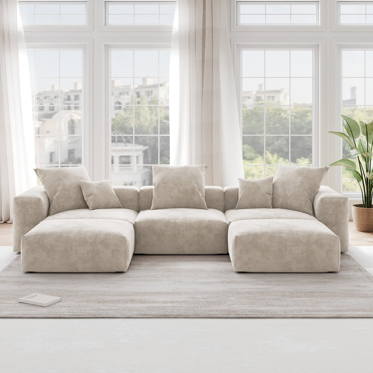 Orris Beige Corduroy 4-Seater Modular U-Shaped Sofa - ATUNUSHOME gallery 3