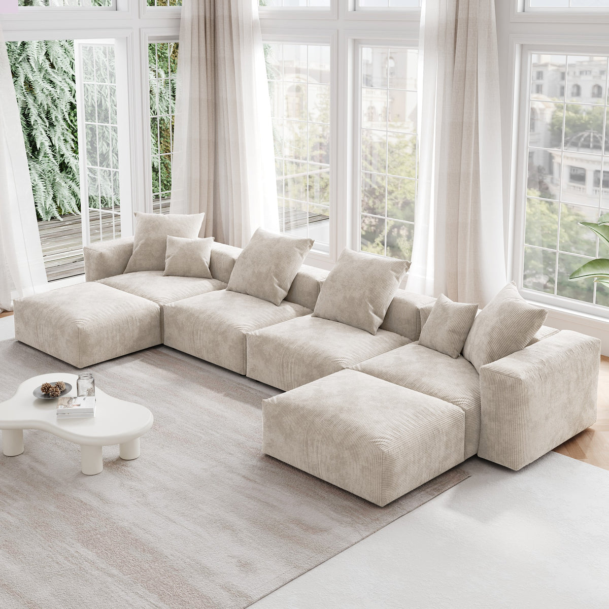 Orris Beige Corduroy 4-Seater Modular U-Shaped Sofa - ATUNUSHOME gallery 4