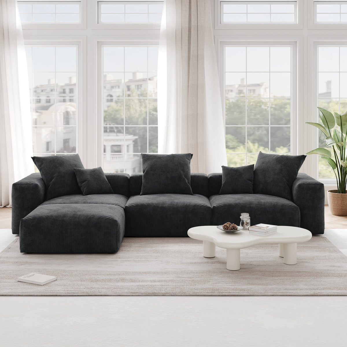 Orris Black Corduroy 3-Seater L-Shaped Sectional Sofa - ATUNUSHOME gallery 2