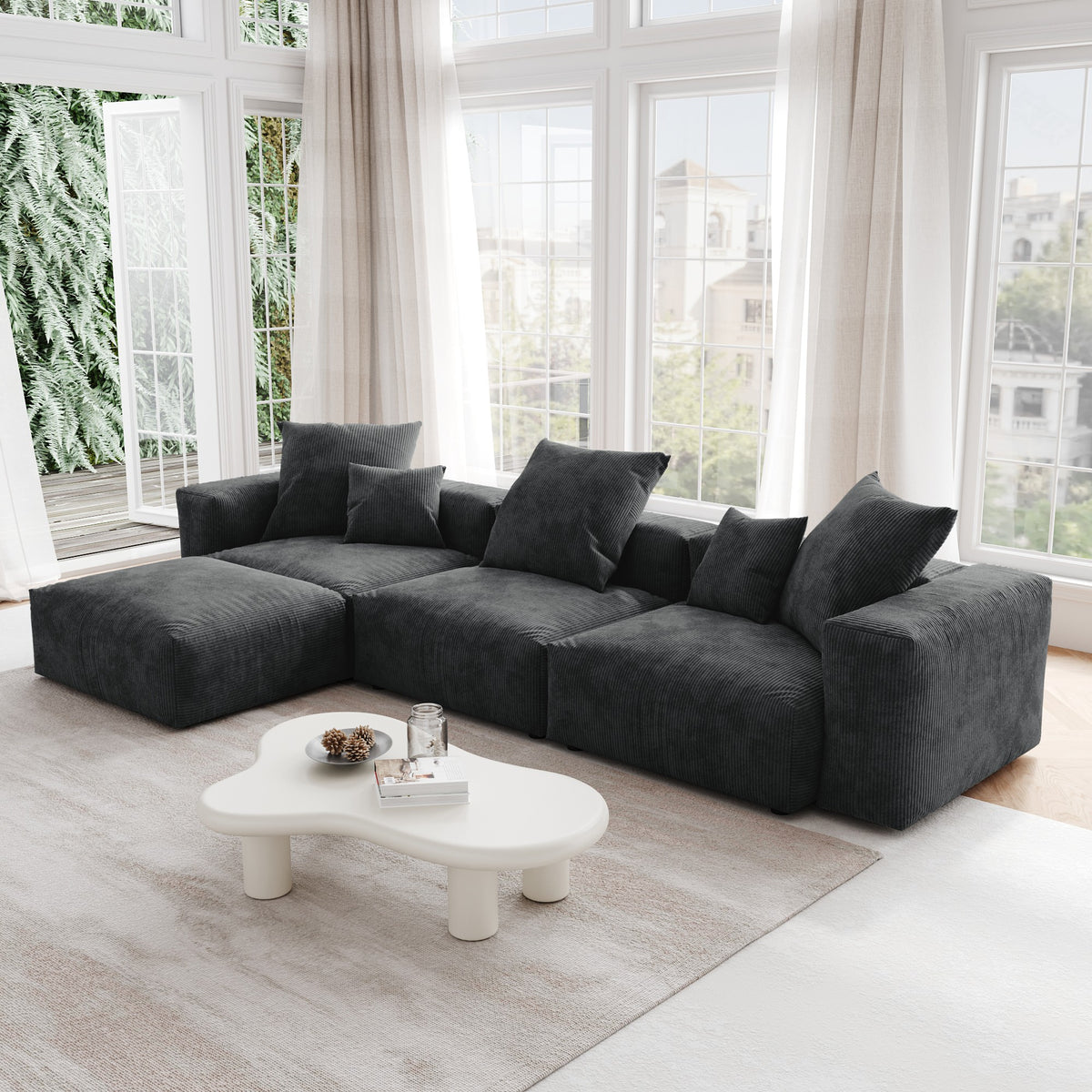 Orris Black Corduroy 3-Seater L-Shaped Sectional Sofa - ATUNUSHOME gallery 3