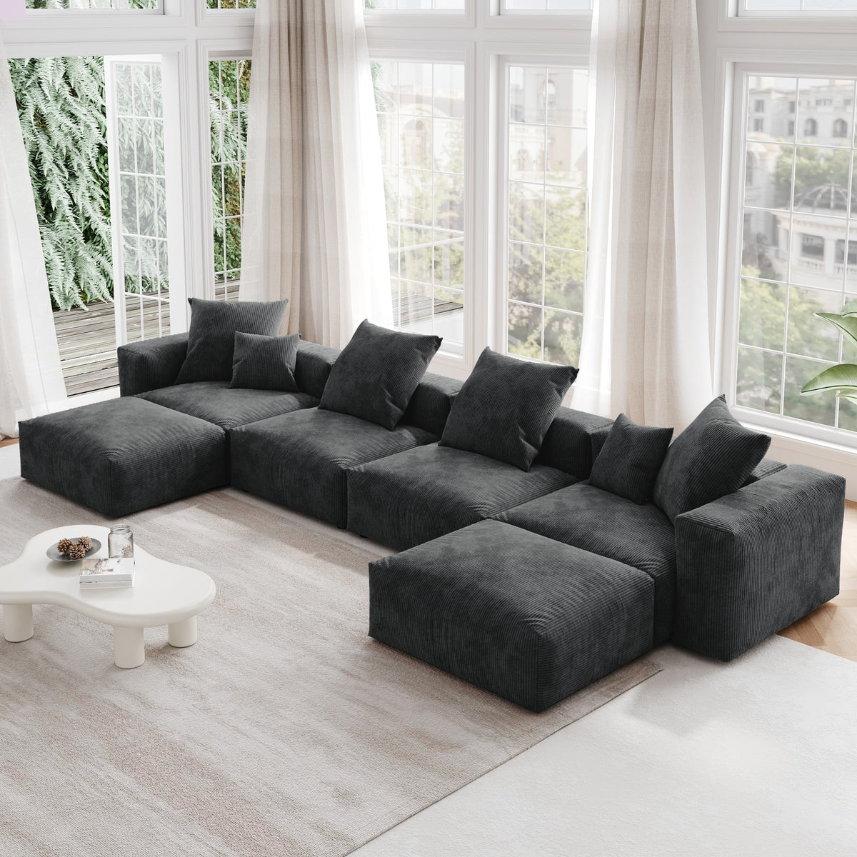 Orris Black Corduroy 4-Seater Modular U-Shaped Sofa - ATUNUSHOME gallery 3