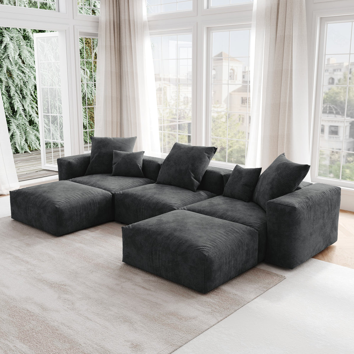 Orris Black Corduroy 3-Seater U-Shaped Sofa - ATUNUSHOME gallery 2