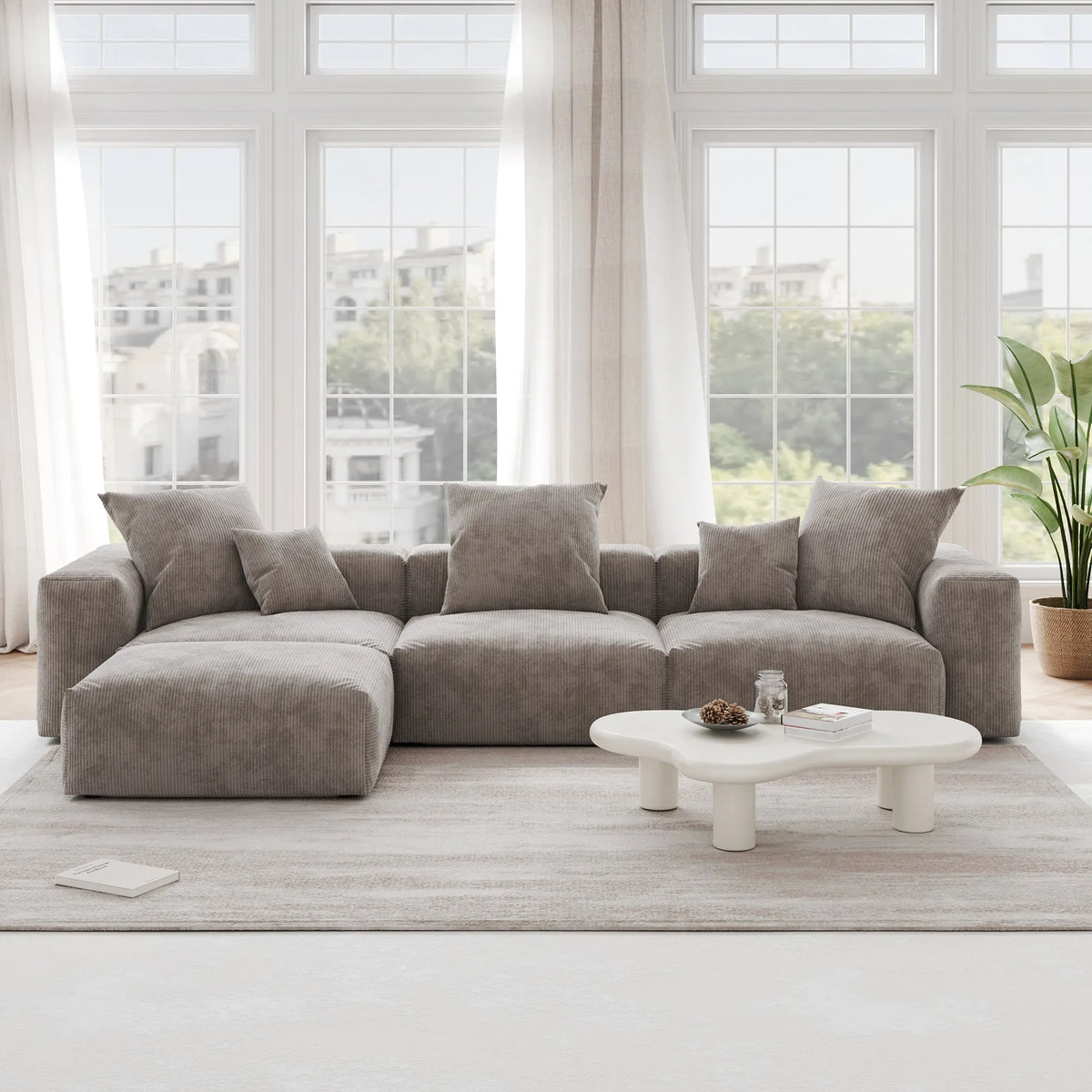 Orris Brown Corduroy 3-Seater L-Shaped Sectional Sofa - ATUNUSHOME main image